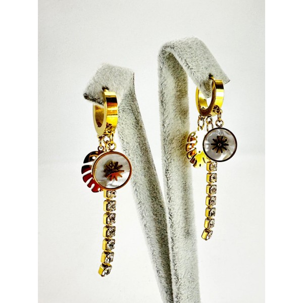 Gold Taşlı Yaprak Desenli Küpe